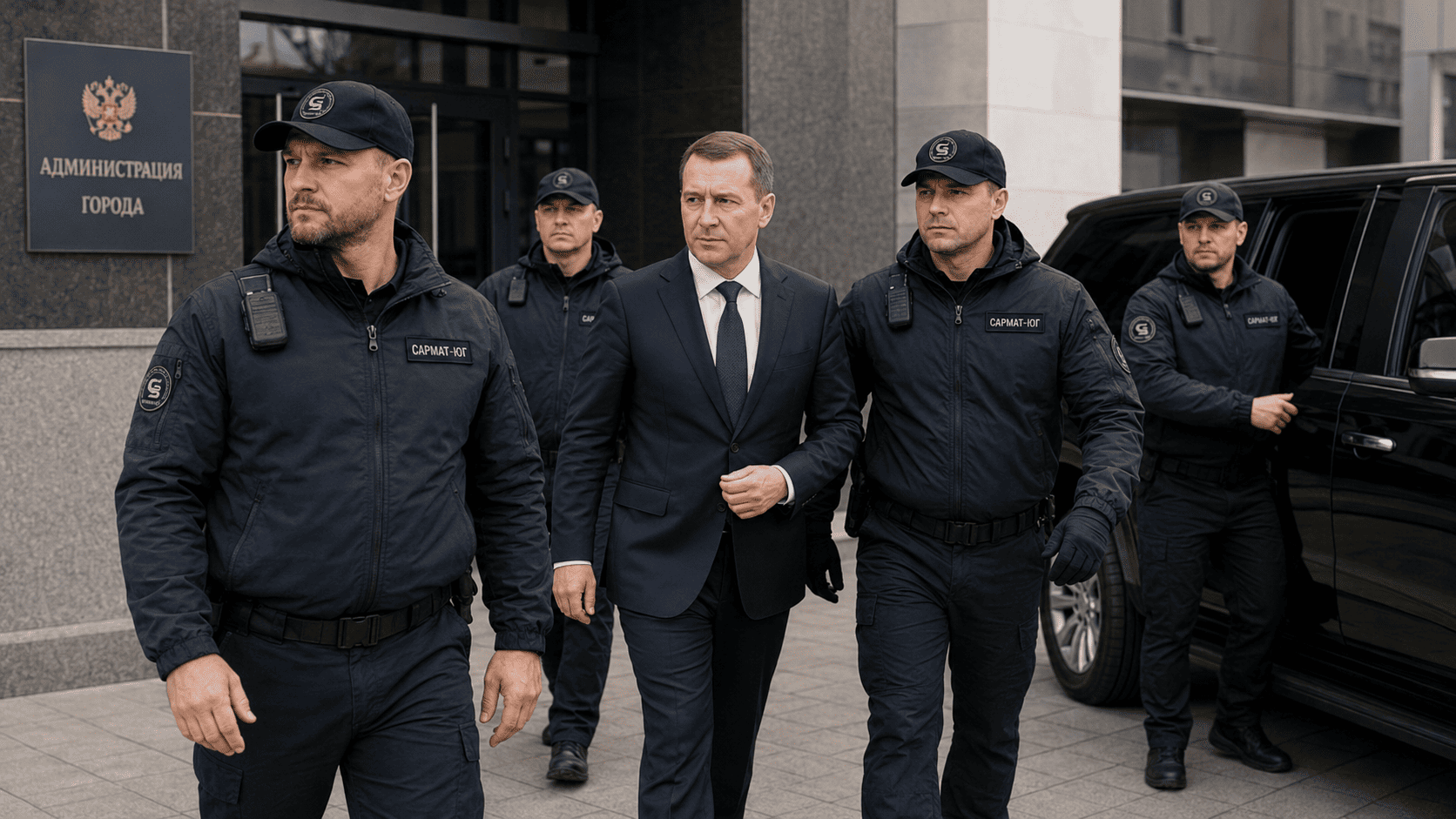 Сотрудники Сармат-Юг сопровождают клиента у административного здания